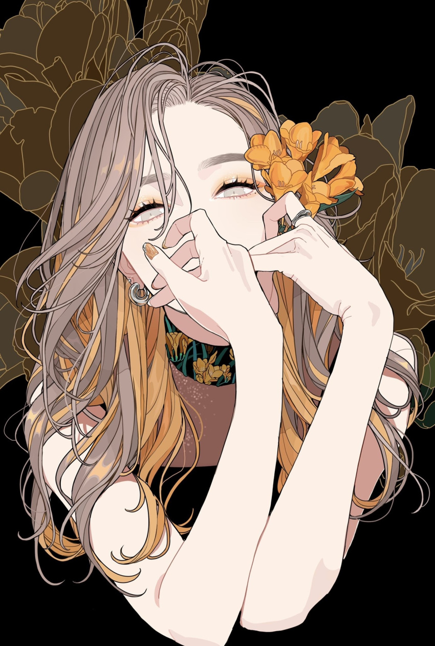 1girl black_background covering_own_mouth earrings eyelashes fingernails floral_print flower hand_over_own_mouth highres holding holding_flower hoop_earrings jewelry keiko_(um7mr1) light_brown_hair long_fingernails long_hair looking_at_viewer multicolored_hair nail_polish orange_flower orange_hair original pale_eye ring sleeveless solo two-tone_hair upper_body