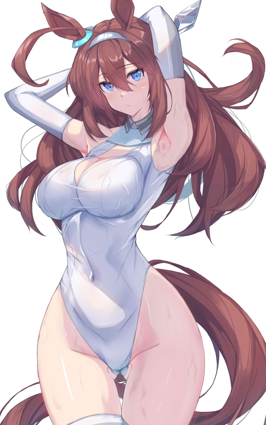 1girl :/ absurdres ahoge animal_ears armpits arms_behind_head arms_up ass_visible_through_thighs bare_shoulders blue_eyes blush breasts brown_hair cleavage cleavage_cutout clothing_cutout collared_leotard covered_navel ear_ornament elbow_gloves gloves hair_between_eyes hairband highleg highleg_leotard highres horse_ears horse_girl horse_tail large_breasts leotard long_hair looking_at_viewer mihono_bourbon_(umamusume) sleeveless_turtleneck_leotard solo sweat tail taut_leotard thigh_gap thighhighs thighs toned_female umamusume very_long_hair white_gloves white_leotard white_thighhighs yuuri_(sinjitu-no-yukue)