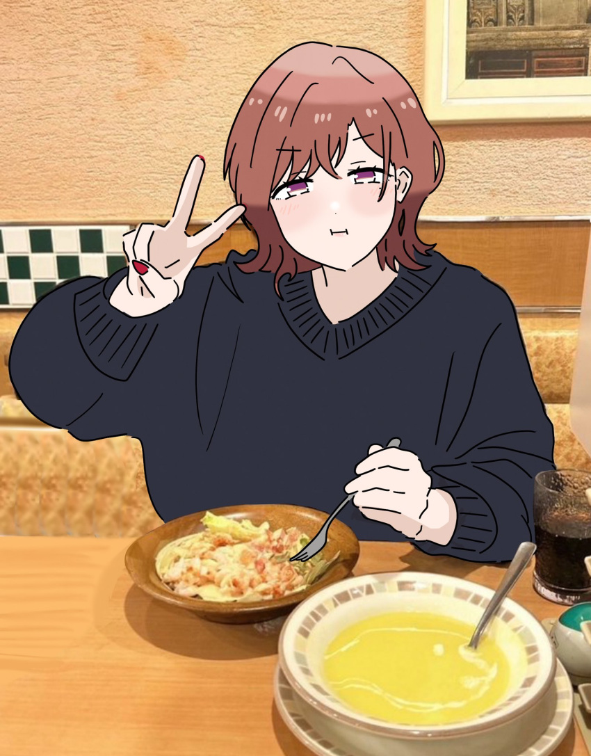 1girl :i black_sweater brown_hair cola fingernails food fork highres higuchi_madoka holding holding_fork idolmaster idolmaster_shiny_colors long_sleeves looking_at_viewer mole mole_under_eye moyamoyashiz02 nail_polish photo-referenced photo_background red_eyes restaurant saizeriya salad sitting solo soup sweater tsuchiya_rio v