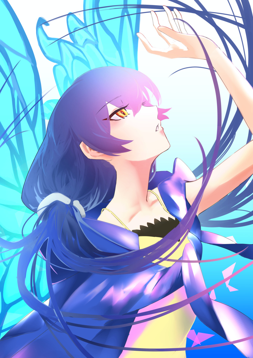 1girl absurdres blue_background blue_hair butterfly_wings camisole collarbone digimon_story:_cyber_sleuth_-_hacker's_memory from_side gradient_background highres hudiemon insect_wings jacket jacket_on_shoulders jiyuuya long_hair mishima_erika simple_background solo spaghetti_strap wings yellow_camisole yellow_eyes