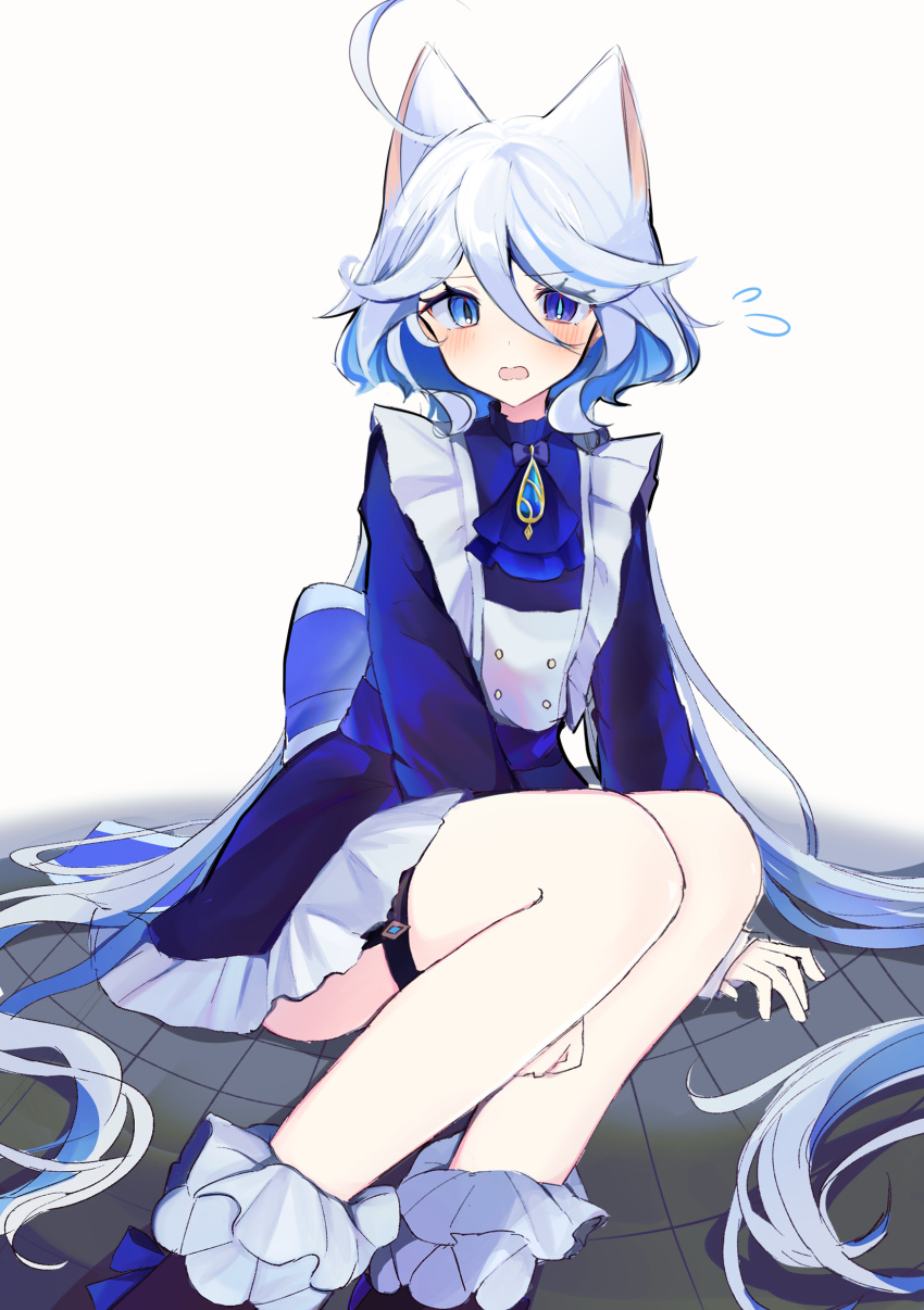 1girl absurdres alternate_costume animal_ears ascot blue_ascot blue_dress blue_eyes blue_hair blush cat_ears colored_inner_hair commentary_request cowlick dress feet_out_of_frame furina_(genshin_impact) genshin_impact grey_hair heterochromia highres kemonomimi_mode long_hair long_sleeves looking_at_viewer mint_chocoooo multicolored_hair open_mouth simple_background sitting solo streaked_hair very_long_hair white_background