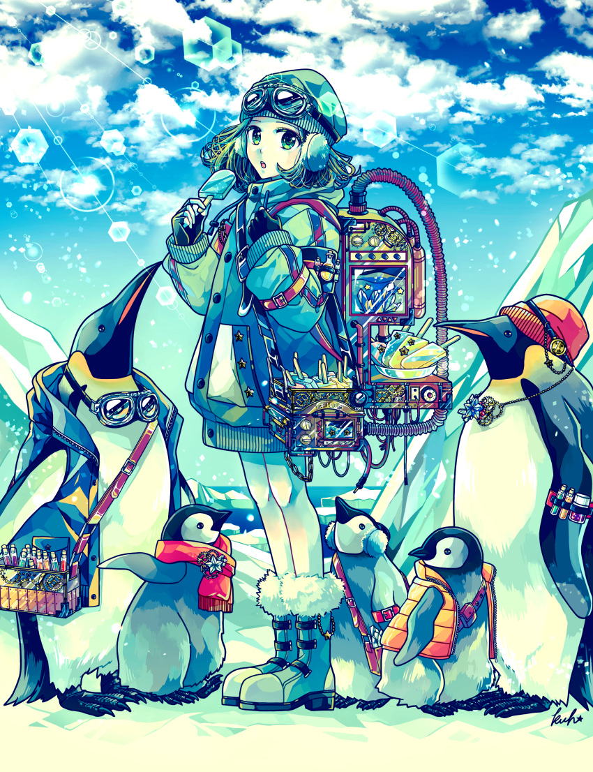 1girl absurdres backpack bag beanie bird blue_sky boots cloud coat commentary_request day earmuffs fingerless_gloves food full_body fur-trimmed_boots fur_trim gears glacier gloves goggles goggles_on_head green_eyes hat highres holding holding_food holding_popsicle ice iceberg jacket kuh_tapiru lens_flare long_sleeves looking_at_viewer machine machinery medium_hair ocean original outdoors parted_lips penguin popsicle signature sky solo standing test_tube water