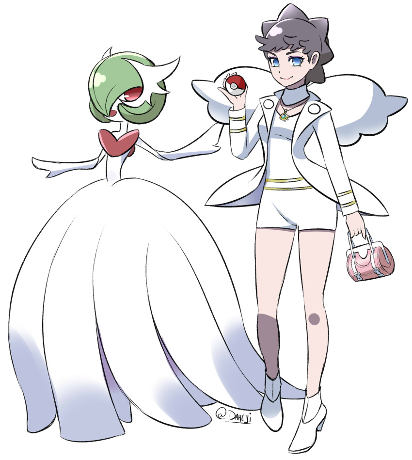 2girls absurdres artist_name bag blue_eyes bob_cut daheji diantha_(pokemon) dress gardevoir green_hair hair_over_one_eye handbag highres holding holding_poke_ball jacket mega_gardevoir mega_pokemon multiple_girls pink_eyes poke_ball pokemon pokemon_(creature) pokemon_xy shirt shorts simple_background smile white_background white_dress white_footwear white_jacket white_shirt white_shorts