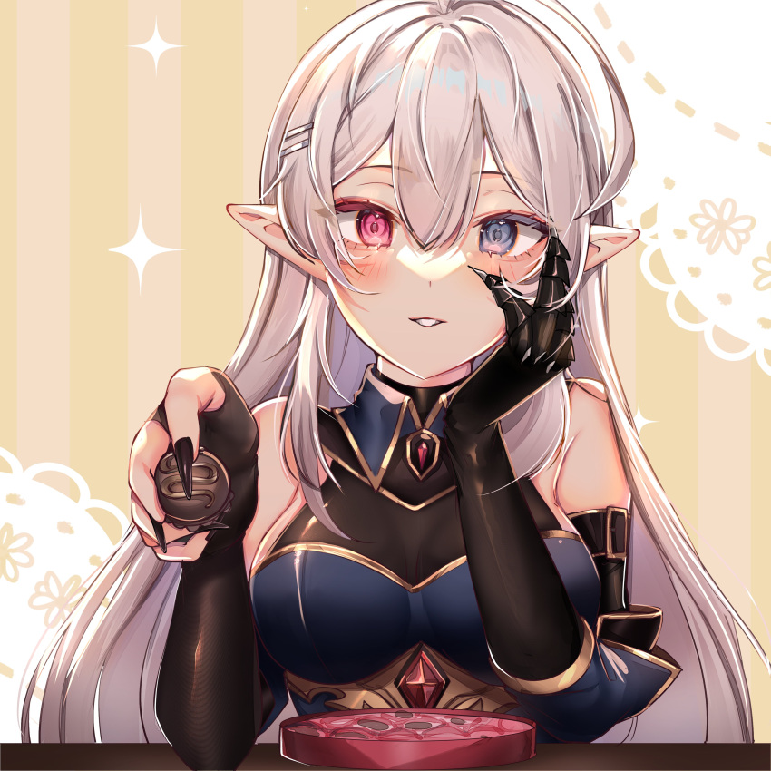 1girl absurdres armored_gloves black_gloves black_nails blue_eyes blush box box_of_chocolates breasts claws cleavage demon_girl detached_collar dress elbow_gloves english_commentary eyelashes geega_(vtuber) geega_(vtuber)_(1st_costume) gem gloves grey_hair hair_between_eyes hair_ornament hairpin heterochromia highres incoming_food light_smile long_hair looking_at_viewer multiple_hairpins nail_polish parted_lips partially_fingerless_gloves pink_eyes pointy_ears red_gemstone shiny_clothes simple_background sleeveless sleeveless_dress solo sparkle tactoki upper_body valentine virtual_youtuber vshojo yellow_background