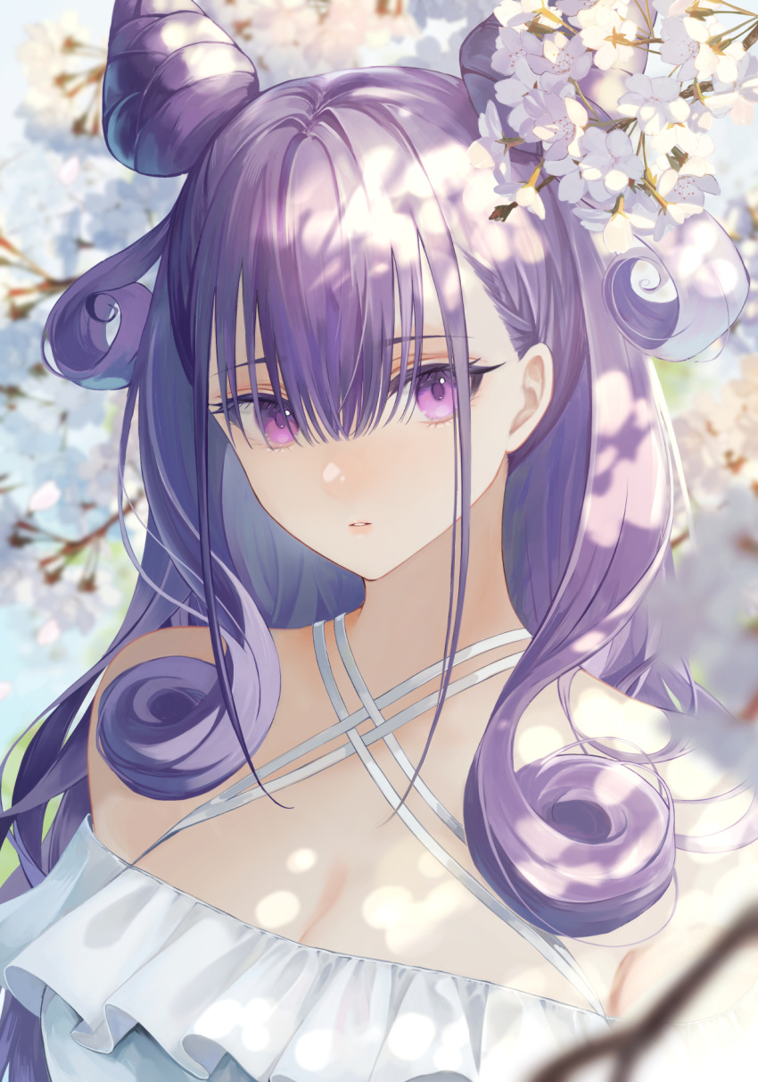 1girl bare_shoulders blush breasts cleavage cone_hair_bun double_bun dress fate/grand_order fate_(series) flower hair_bun highres large_breasts long_hair looking_at_viewer murasaki_shikibu_(fate) off_shoulder purple_eyes purple_hair solo tobi_(pixiv41237754) white_dress