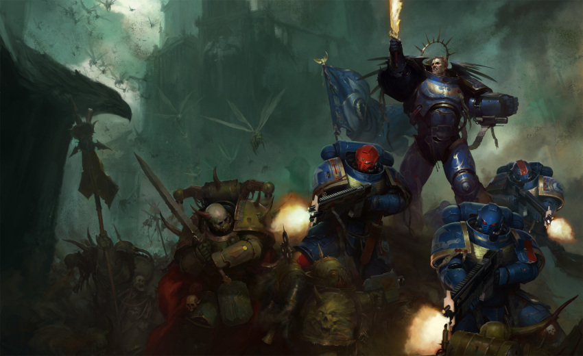6+boys adeptus_astartes armor armor_of_fate_(warhammer) battle bird blonde_hair blue_armor bug chaos_(warhammer) chaos_space_marine commentary death_guard eagle emperor's_sword_(warhammer) english_commentary firing full_armor halo highres holding holding_bolter igor_sid imperial_aquila imperium_of_man laurel_crown mechanical_halo multiple_boys official_art outdoors pauldrons plague_marine power_armor primarch purity_seal red_eyes roboute_guilliman rot_fly short_hair shoulder_armor solo_focus standing ultramarines warhammer_40k waving_flag