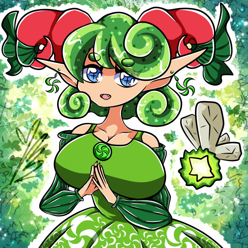 big_breasts breasts clothing dahliabunni dress ear_piercing fairy female hi_res humanoid humanoid_pointy_ears kokiri medallion nintendo piercing saria solo the_legend_of_zelda touhou