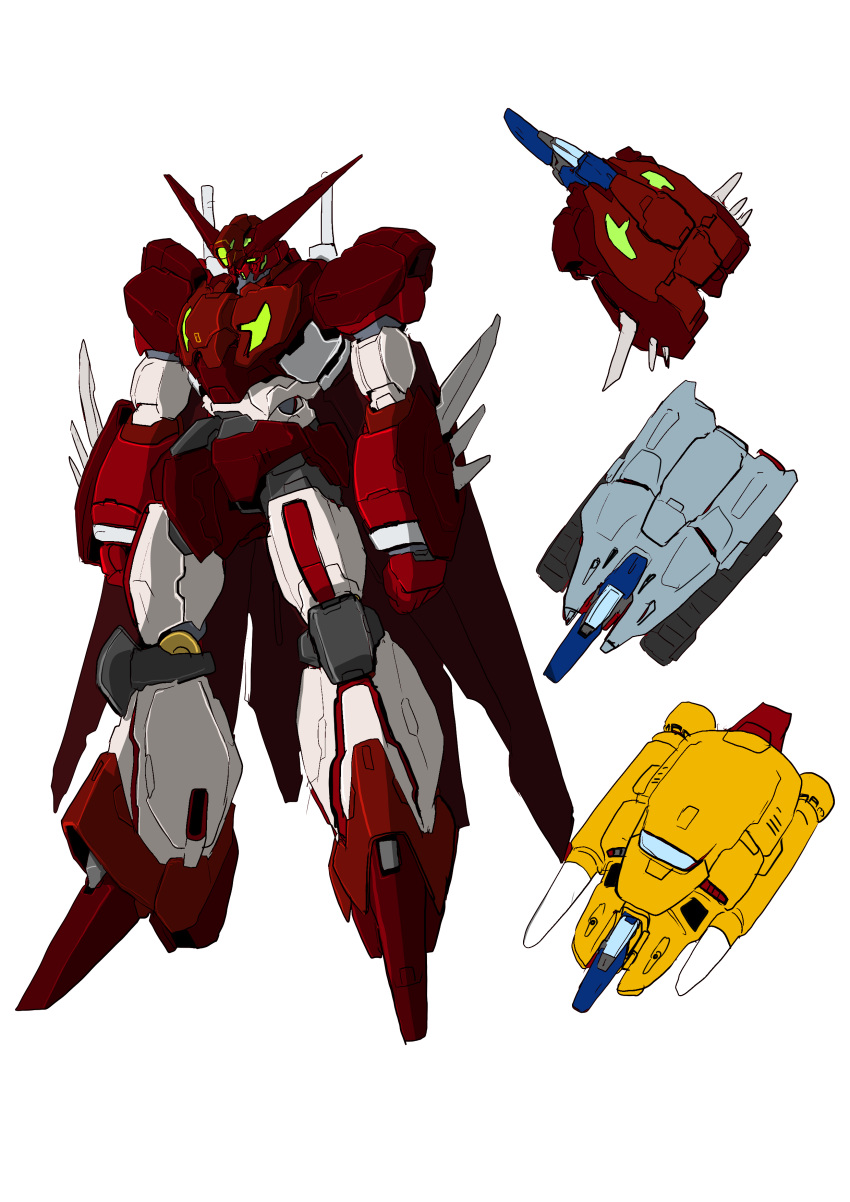 absurdres arm_blade armor caterpillar_tracks crossover fusion gattai getter-1 getter_robo glass_cockpit green_eyes gundam highres joints kuroneko_koubou mecha mechanical_parts mechanical_wings mobile_suit multicolored_armor red_armor robot robot_joints simple_background weapon white_armor white_background wings yellow_armor