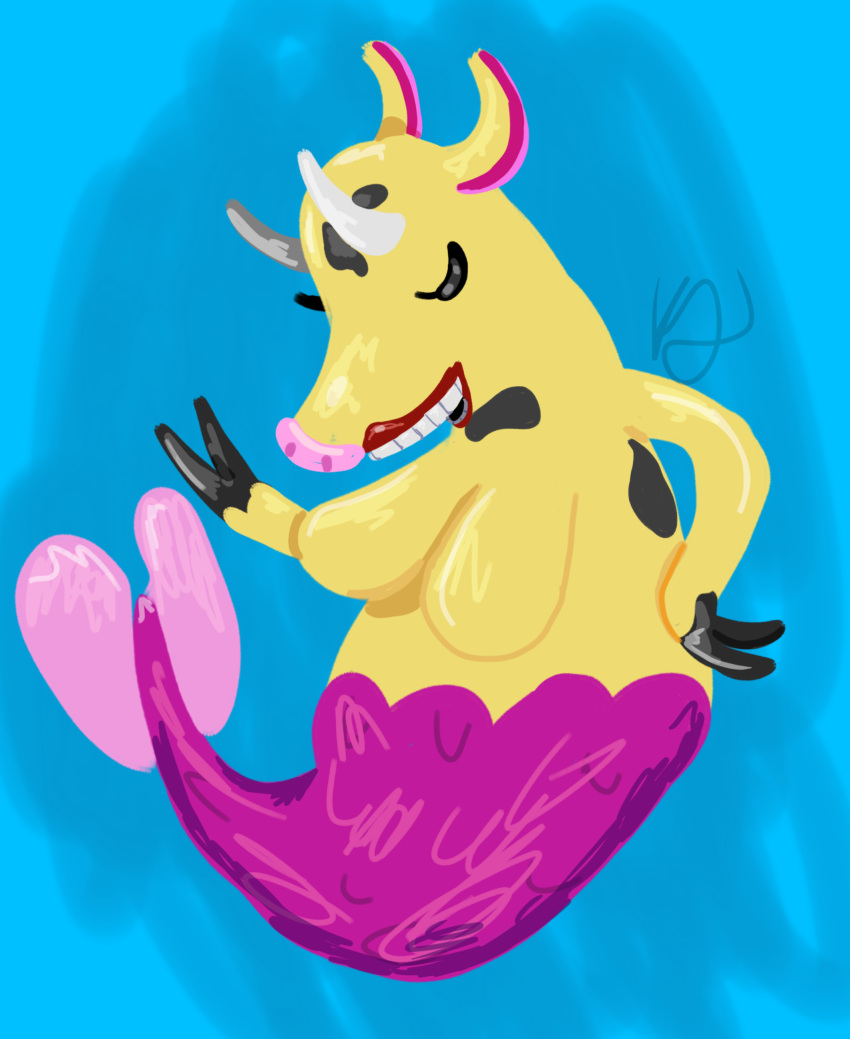 2024 absurd_res anthro big_breasts bovid bovine breasts cattle digital_media_(artwork) fakemon featureless_breasts female fish_tail hi_res horn kitkiy lipstick makeup mammal marine merfolk solo split_form yellow_body