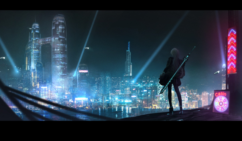 1other absurdres aircraft airship bank_of_china_tower building city city_lights cityscape full_body highres hong_kong letterboxed neon_lights night night_sky original outdoors real_world_location river scenery sky skyline skyscraper solo soraciel standing sword sword_behind_back weapon