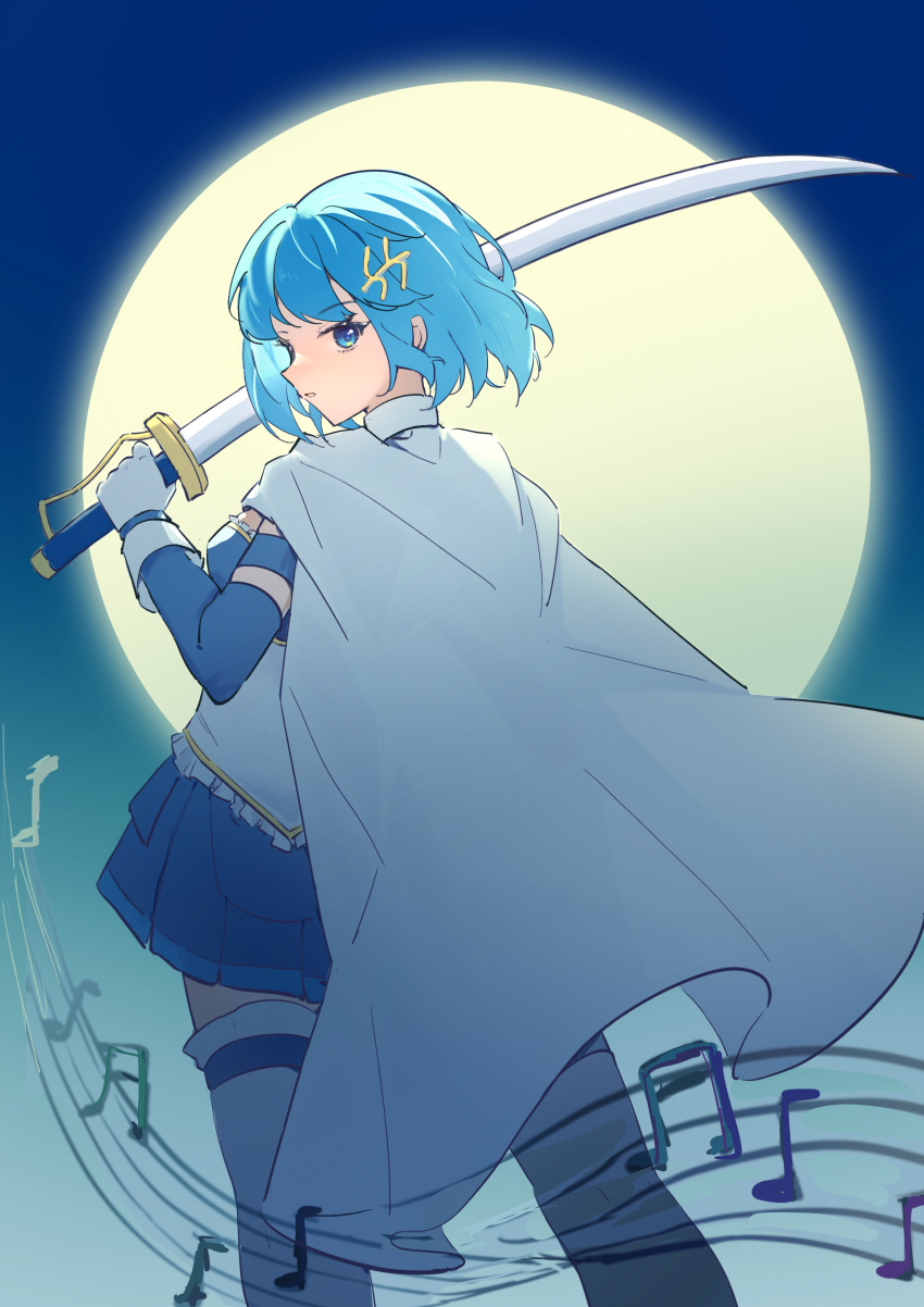 1girl absurdres backlighting blue_eyes blue_hair cape detached_sleeves fortissimo from_behind full_moon gloves hair_ornament highres holding holding_sword holding_weapon kaniko_(user_tvzs5875) looking_at_viewer looking_back magical_girl mahou_shoujo_madoka_magica miki_sayaka moon musical_note musical_note_hair_ornament pleated_skirt short_hair skirt sword thighhighs weapon