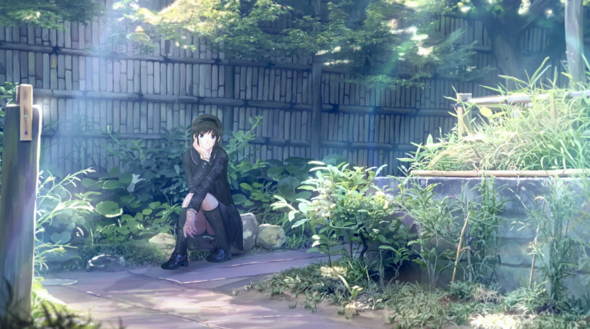 1girl amagami bamboo_fence black_footwear black_hair black_jacket black_sailor_collar black_socks blazer blue_eyes bush fence full_body grass grey_skirt hairband head_rest highres jacket kibito_high_school_uniform kneehighs loafers long_sleeves looking_at_viewer miniskirt morishima_haruka on_ground pleated_skirt sailor_collar scenery school_uniform shoes skirt socks solo soraciel thighhighs