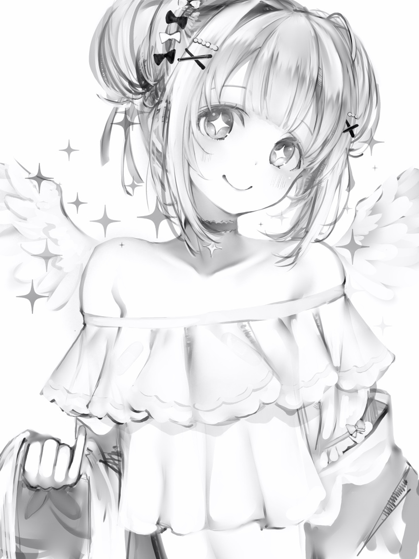 +_+ 1girl absurdres bare_shoulders blunt_bangs choker collarbone copyright_request frills greyscale hair_ornament hairclip head_tilt highres looking_at_viewer monochrome nanashi_(nlo) simple_background smile solo sparkle upper_body wings x_hair_ornament