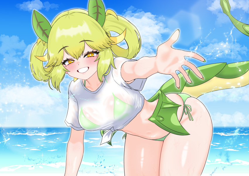 1girl absurdres beach bent_over bikini blue_sky blush cowboy_shot dragon_girl dragon_horns dragon_tail dragon_wings duel_monster green_bikini green_hair green_tail green_wings highres horns looking_at_viewer low_wings navel ocean oldsickkim open_mouth parlor_dragonmaid see-through shirt side-tie_bikini_bottom sky smile solo splashing swimsuit tail teeth twintails water wet wet_clothes wet_shirt wings yellow_eyes yu-gi-oh!