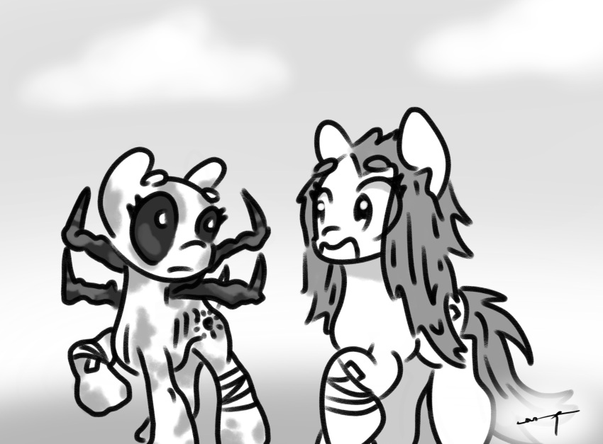 bandage bandaged_leg cutie_mark duo earth_pony equid equine fan_character hairless hasbro hi_res horn horse mammal maneless monochrome my_little_pony pony shaded simple_background simple_shading smile tuskonline walking white_body