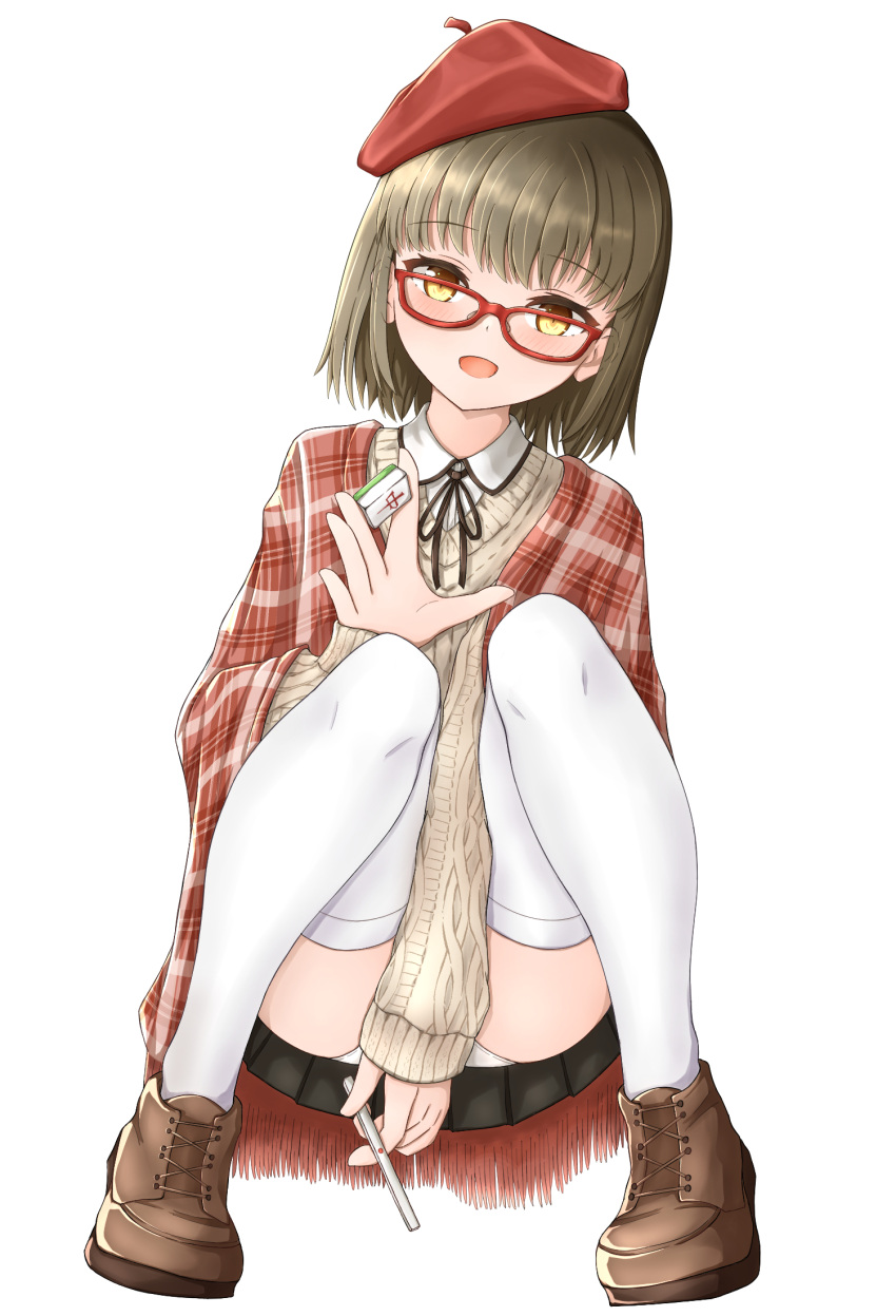 1girl arm_between_legs beret black_skirt blush brown_footwear brown_sweater commentary_request flat_chest full_body glasses hat highres holding holding_mahjong_tile holding_tenbou jacket light_brown_hair looking_at_viewer mahjong_soul mahjong_tile medium_bangs miniskirt mizusaki_(kn27) ninomiya_hana open_mouth panties plaid plaid_jacket pleated_skirt red-framed_eyewear red_hat red_jacket shirt shoes short_hair simple_background skirt smile solo squatting sweater tenbou thighhighs underwear white_background white_panties white_shirt white_thighhighs yellow_eyes