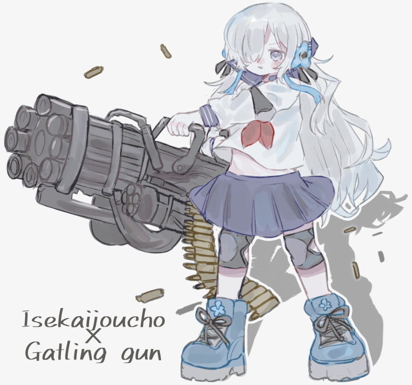 1girl black_ribbon blue_eyes blue_flower blue_footwear blue_sailor_collar blue_skirt drop_shadow faoru_ofuton flower gatling_gun grey_hair gun hair_flower hair_ornament hair_over_one_eye hair_ribbon highres holding holding_gun holding_weapon huge_weapon isekai_joucho kamitsubaki_studio knee_pads long_hair long_sleeves looking_ahead miniskirt neckerchief nemophila_(flower) one_eye_covered outline pleated_skirt red_neckerchief ribbon sailor_collar shell_casing shirt shoes sidelocks skirt sneakers solo stomach weapon white_outline white_shirt wind wind_lift