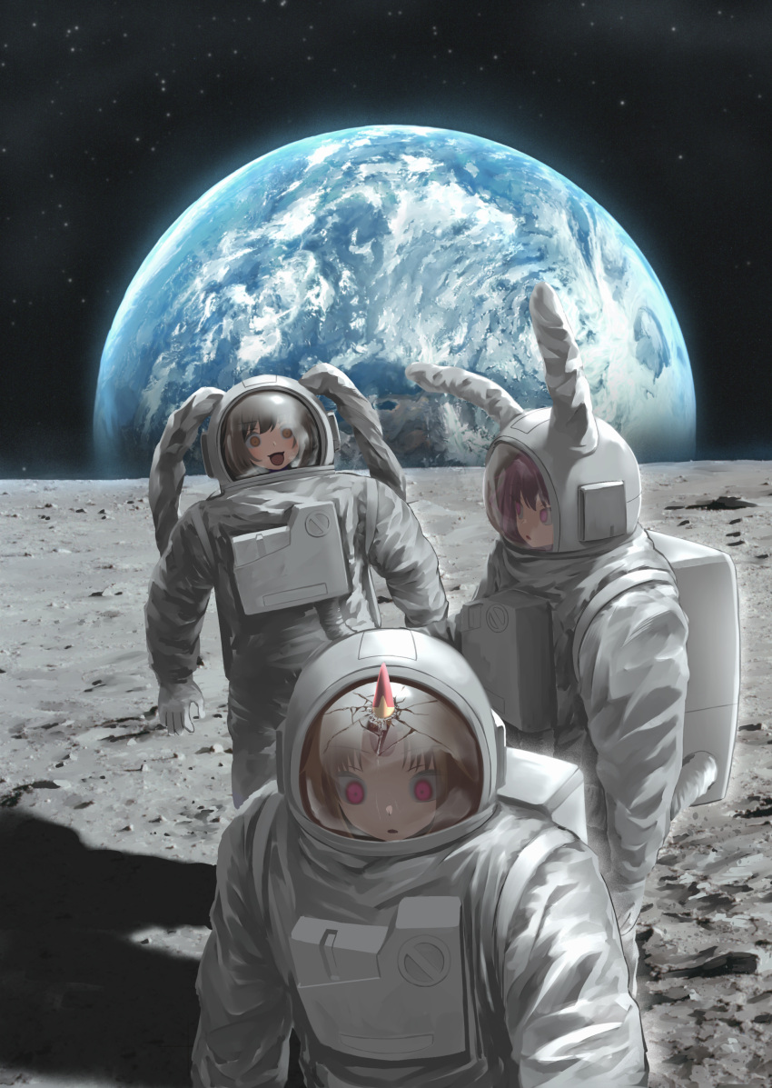 3girls absurdres alternate_costume astronaut earth_(planet) highres horns hoshiguma_yuugi inaba_tewi kiyonetto moon multiple_girls outdoors planet purple_hair red_eyes reisen_udongein_inaba single_horn space spacesuit star_(sky) touhou