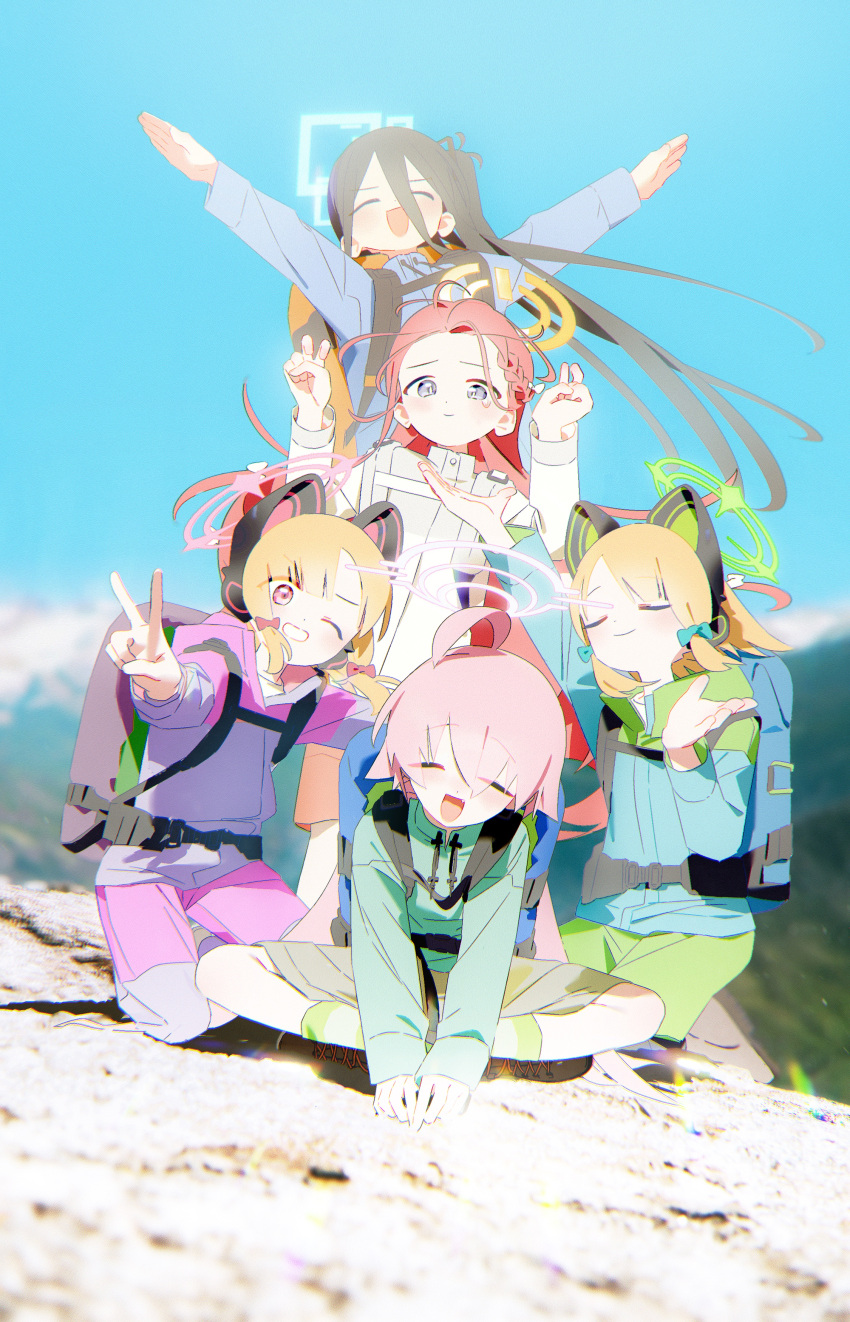 absurdres animal_ear_headphones animal_ears aris_(blue_archive) backpack bag blonde_hair blue_archive blue_hair blue_halo bm_tol cat_ear_headphones closed_eyes dark_blue_hair fake_animal_ears game_development_department_(blue_archive) green_halo halo headphones highres hiking hoshino_(blue_archive) jacket long_hair_between_eyes midori_(blue_archive) momoi_(blue_archive) multiple_girls outdoors pink_hair pink_halo red_hair siblings smile twins v yellow_halo yuzu_(blue_archive)