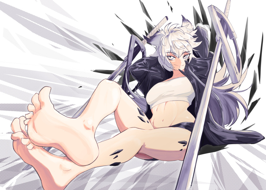 1girl absurdres arknights arms_up bare_legs barefoot black_shorts breasts commentary commission highres lappland_(arknights) looking_at_viewer material_growth midriff navel oripathy_lesion_(arknights) short_shorts shorts sitting small_breasts smile solo stomach strapless thighs tube_top white_eyes white_hair yodokogon