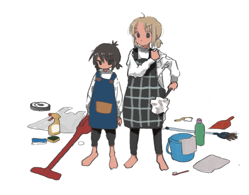 2girls a_channel adjusting_strap alternate_costume alternate_hairstyle antenna_hair apron arms_at_sides barefoot black_apron black_eyes black_pants blonde_hair blue_apron bottle broom bucket commentary_request duster dustpan frown full_body funao_oekaki hand_up holding holding_duster holding_vacuum_cleaner ichii_tooru long_sleeves looking_at_viewer low_twintails momoki_run multiple_girls no_mouth pants plaid plaid_apron robotic_vacuum_cleaner serious shirt short_hair short_ponytail short_twintails side-by-side sidelocks sponge spray_bottle standing toothbrush towel twintails v-shaped_eyebrows white_background white_shirt