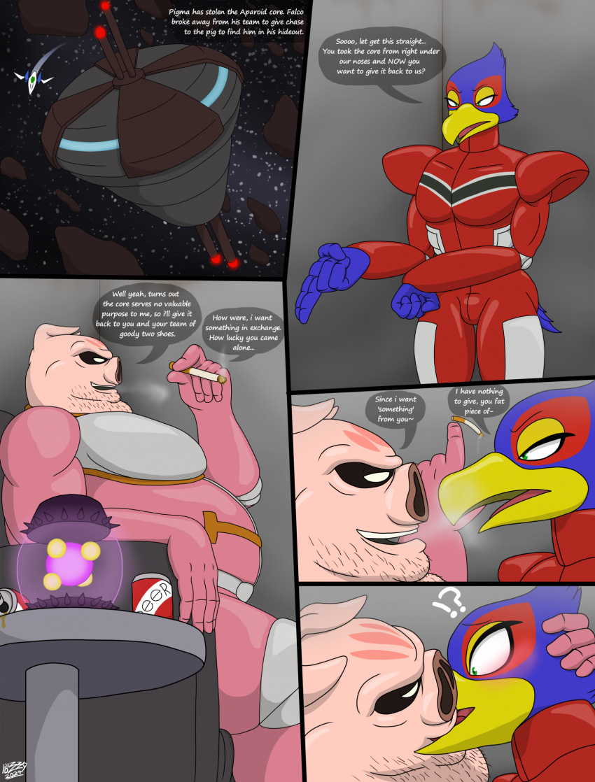 anthro arwing avian belly big_belly bird blue_body blue_fur blush ciger comic dialogue domestic_pig duo falco_lombardi fur hi_res kissing male male/male mammal nintendo pigma_dengar pink_body pink_skin pizzaozzy pizzaozzy_(artist) size_difference spacesuit star_fox suid suina sus_(pig) text