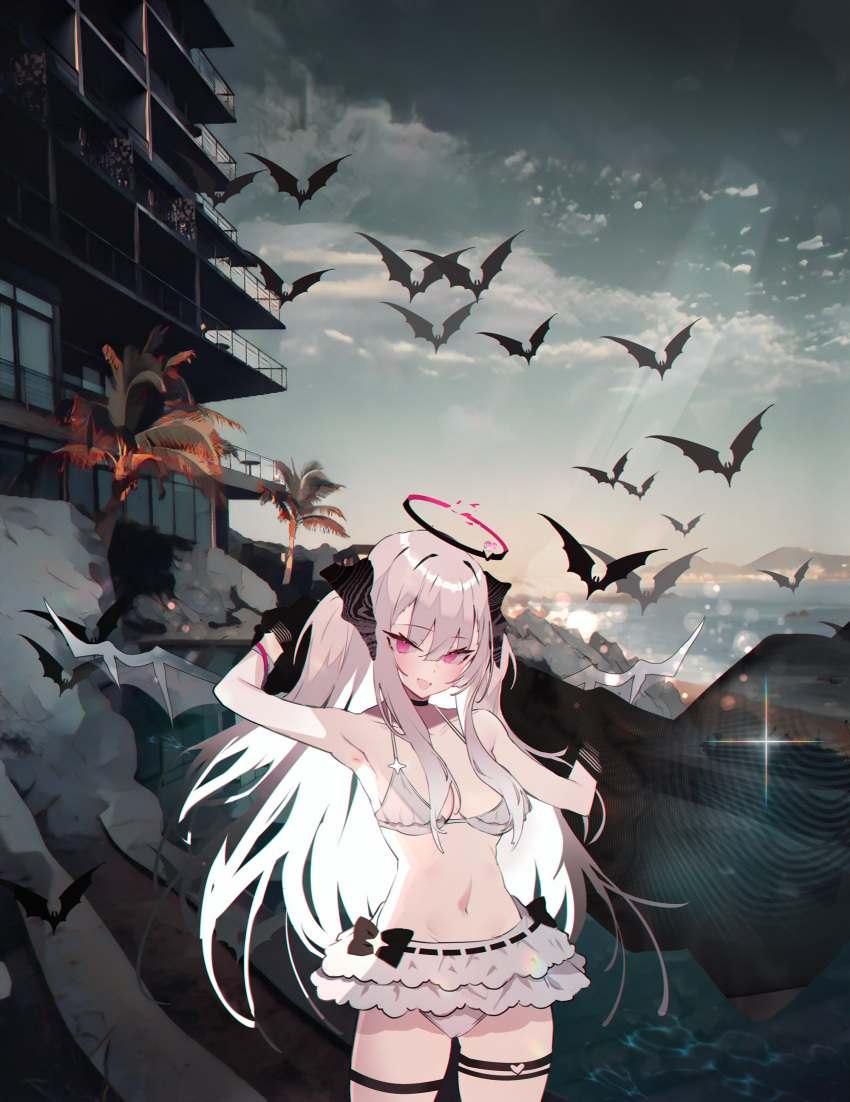 1girl :d absurdres amanatsu_leo arm_up armpits bare_shoulders bat_(animal) bikini bikini_skirt black_bow blush bow breasts cowboy_shot demon_horns demon_wings frilled_bikini frills front-tie_bikini_top front-tie_top grey_wings halo highres horns indie_virtual_youtuber long_hair looking_at_viewer medium_breasts navel ocean open_mouth outdoors purple_eyes sidelocks smile solo soukou_makura standing swimsuit thigh_strap virtual_youtuber white_bikini white_hair wings