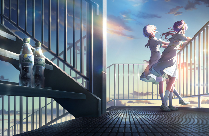 against_railing aqua_footwear aqua_neckerchief blue_sky bob_cut bottle cloud covered_eyes dress floating_hair game_cg gradient_sky green_sky grey_hair hair_ornament hasu_no_sora_school_uniform highres in-universe_location inverted_bob leg_up lens_flare link!_like!_love_live! loafers long_hair love_live! medium_dress multicolored_hair neckerchief official_art on_stairs open_mouth otomune_kozue pleated_dress purple_hair railing red_hair sailor_collar sailor_dress school_uniform shoes short_hair short_sleeves side_ponytail sidelocks sky socks stairs standing standing_on_one_leg star_(symbol) star_hair_ornament streaked_hair summer_uniform third-party_source two-tone_footwear virtual_youtuber water_bottle white_dress white_footwear white_sailor_collar white_socks wide_shot yugiri_tsuzuri