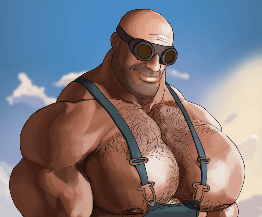 1boy animated animated_gif bad_deviantart_id bad_id bald bara bare_pectorals beard_stubble biceps blue_sky bouncing_pecs chest_hair commentary engineer_(tf2) english_commentary facial_hair goggles large_pectorals looking_afar looking_down male_focus muscular muscular_male nipples nose pectorals round_eyewear sky smile sniperstalker solo stubble suspenders team_fortress_2 three_quarter_view turning_head