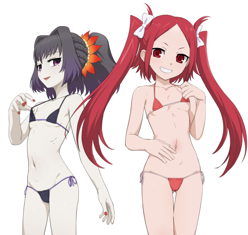 2girls bikini black_bikini black_hair bow breasts grin hair_bow highres long_hair looking_at_viewer micro_bikini mole mole_under_eye multiple_girls nanina_(nijnan) navel open_mouth pale_skin ponytail purple_eyes red_bikini red_eyes red_hair red_nails rommy_(tales) side-tie_bikini_bottom simple_background small_breasts smile swimsuit symonne_(tales) tales_of_(series) tales_of_the_tempest tales_of_zestiria teeth twintails white_background