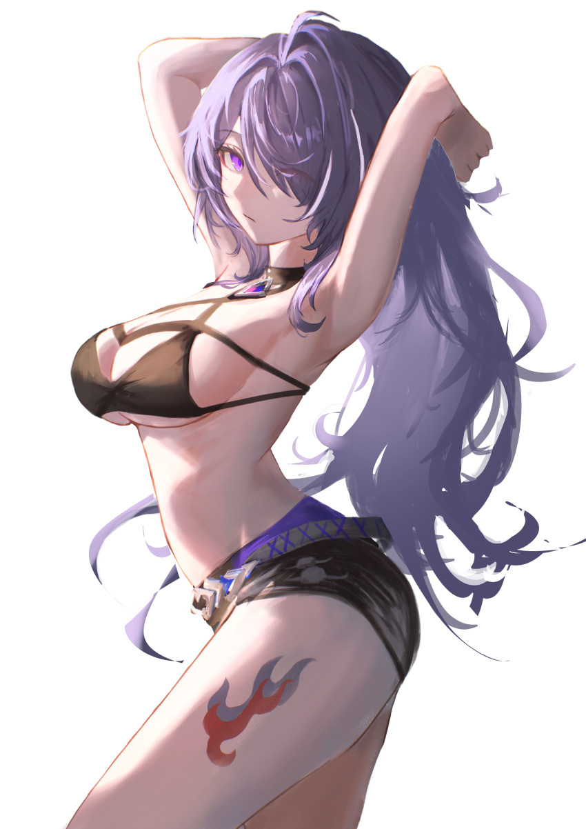 1girl absurdres acheron_(honkai:_star_rail) ann_(enye5842) armpits arms_behind_head arms_up black_bra black_choker black_shorts bra breasts choker cleavage detached_sleeves hair_over_one_eye highres honkai:_star_rail honkai_(series) long_hair looking_at_viewer midriff multicolored_hair purple_eyes purple_hair short_shorts shorts solo stomach streaked_hair tattoo underwear white_background