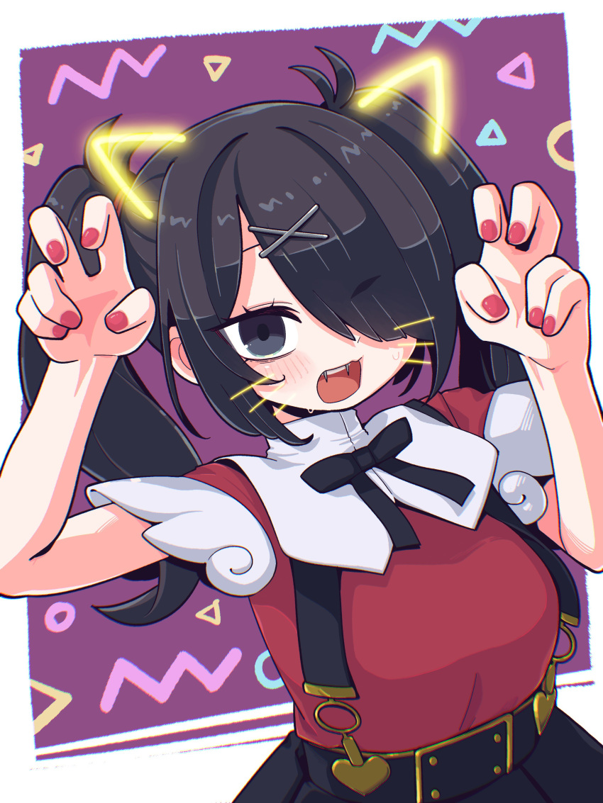 1girl abstract_background absurdres alternate_breast_size ame-chan_(needy_girl_overdose) black_eyes black_hair black_ribbon black_skirt blush border breasts commentary drawn_ears drawn_whiskers dutch_angle fangs hair_ornament hair_over_one_eye hands_up highres ino_(tellu0120) large_breasts long_hair looking_at_viewer neck_ribbon needy_girl_overdose one_eye_covered open_mouth outside_border paw_pose piercing pink_nails purple_background ribbon shirt_tucked_in short_sleeves skirt solo suspender_skirt suspenders sweat symbol-only_commentary twintails upper_body white_border x_hair_ornament