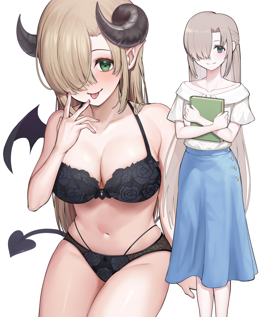 1girl absurdres black_horns black_wings blue_skirt blush book bra breasts cleavage closed_mouth collarbone demon_girl demon_horns demon_tail demon_wings floral_print green_eyes hair_over_one_eye highres holding holding_book horns large_breasts light_brown_hair long_hair long_skirt looking_at_viewer mole mole_under_eye nail_polish navel original panties pink_nails pipi20211026 print_bra print_panties shirt short_sleeves simple_background sitting skirt smile tail underwear underwear_only white_background white_shirt wings