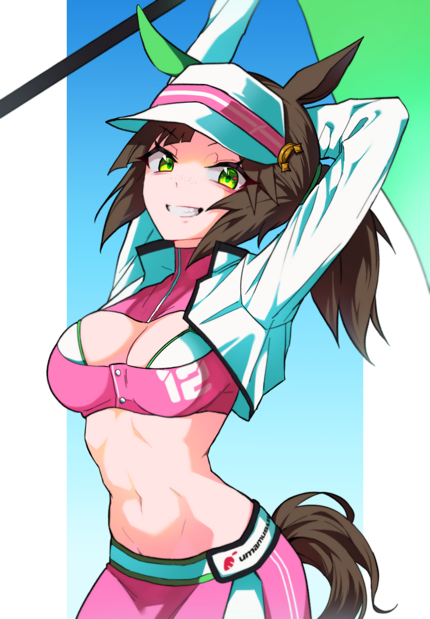 1girl absurdres adapted_costume animal_ears arm_behind_head arms_up breasts brown_hair cleavage cleavage_cutout clothing_cutout copyright_name cowboy_shot crop_top cropped_jacket flag flagpole green_eyes grin high_collar highres holding holding_flag horse_ears horse_girl horse_tail ines_fujin_(umamusume) long_hair looking_at_viewer lowleg lowleg_skirt medium_breasts midriff navel ponytail race_queen shironism simple_background skirt smile solo tail umamusume visor_cap