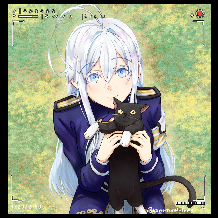 1girl 86_-eightysix- animal antenna_hair armband blue_eyes cat closed_mouth colored_eyelashes day hair_between_eyes highres holding holding_animal holding_cat kamatanu_free long_hair long_sleeves looking_at_viewer outdoors shirt shrug_(clothing) smile squatting straight_hair twitter_username very_long_hair vladilena_millize white_hair white_shirt