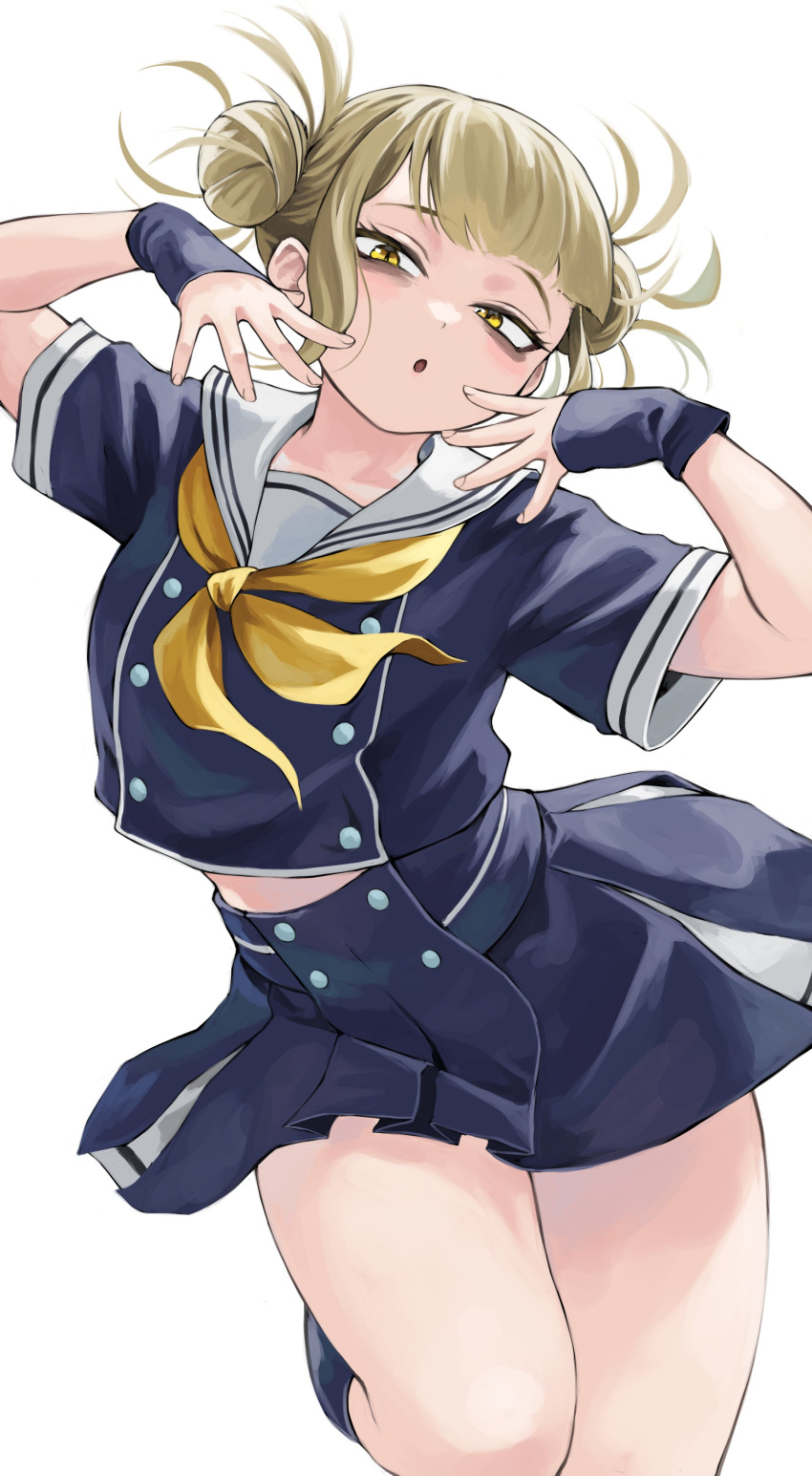 1girl absurdres blonde_hair blue_serafuku blue_skirt boku_no_hero_academia double_bun fengling_(furin-jp) hair_bun highres leg_lift looking_at_viewer neckerchief school_uniform serafuku simple_background skirt solo standing standing_on_one_leg toga_himiko white_background yellow_eyes yellow_neckerchief