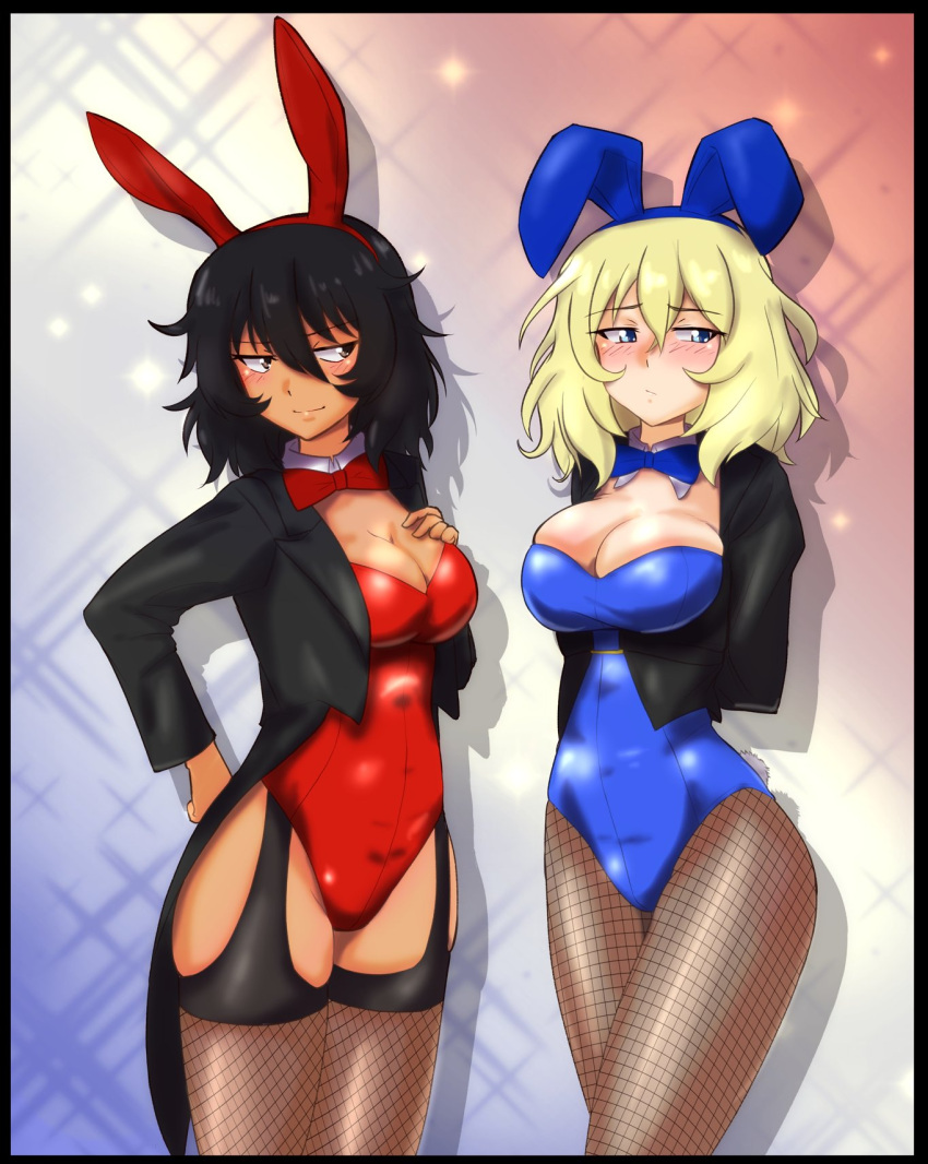 2girls andou_(girls_und_panzer) animal_ears black_hair blue_leotard blush bow bowtie breasts brown_eyes brown_pantyhose brown_thighhighs cleavage closed_mouth covered_navel degtyarev fake_animal_ears fake_tail fishnet_pantyhose fishnet_thighhighs fishnets garter_straps girls_und_panzer highres large_breasts leotard long_hair looking_at_another multiple_girls oshida_(girls_und_panzer) pantyhose playboy_bunny rabbit_ears rabbit_tail red_bow red_bowtie red_leotard smile tail thighhighs yuri