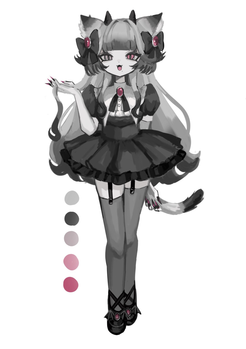 1girl animal_ears blunt_bangs bow brooch cat_ears cat_tail color_guide dress fangs fingernails frilled_dress frills full_body garter_straps greyscale hair_bow hand_in_own_hair hand_up heterochromia highres holding_own_tail horns jewelry legs_together long_fingernails long_hair looking_at_viewer mole mole_under_mouth monochrome neck_ribbon open_mouth original pink_eyes puffy_short_sleeves puffy_sleeves revision ribbon shiona_(siona0625) shoes short_dress short_sleeves simple_background solo spot_color standing straight-on tail thighhighs very_long_hair white_background zettai_ryouiki