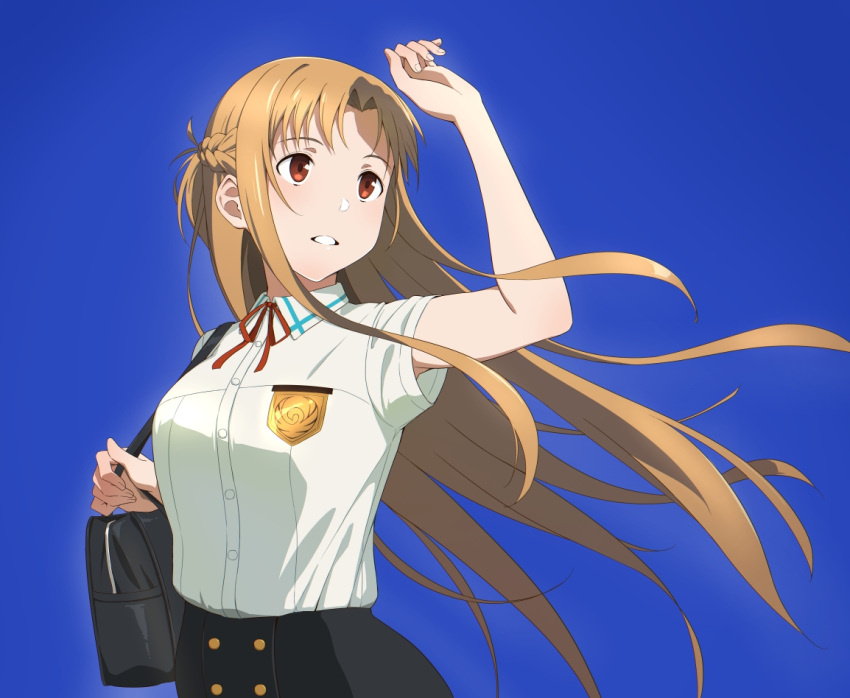 1girl arm_up asuna_(sao) bag black_skirt blue_background braid breasts brown_eyes brown_hair buttons collared_shirt commentary_request french_braid long_hair looking_ahead neck_ribbon puge red_ribbon ribbon school_bag school_emblem shirt shirt_tucked_in short_ponytail short_sleeves skirt smile solo sword_art_online white_shirt