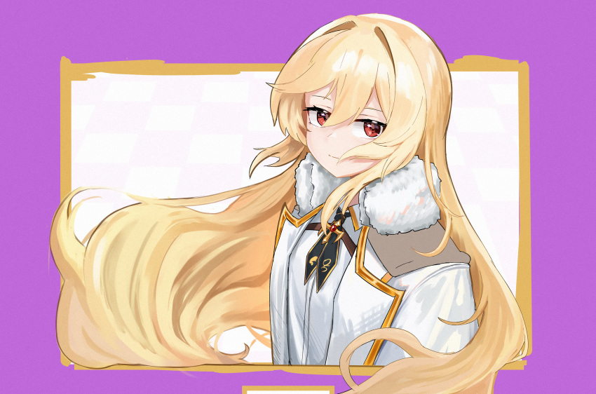 1girl blonde_hair coat expressionless floating_hair fur-trimmed_coat fur_trim girls'_frontline highres long_hair looking_at_viewer nagant_revolver_(girls'_frontline) red_eyes shenqi_xiaohuang simple_background solo upper_body white_coat