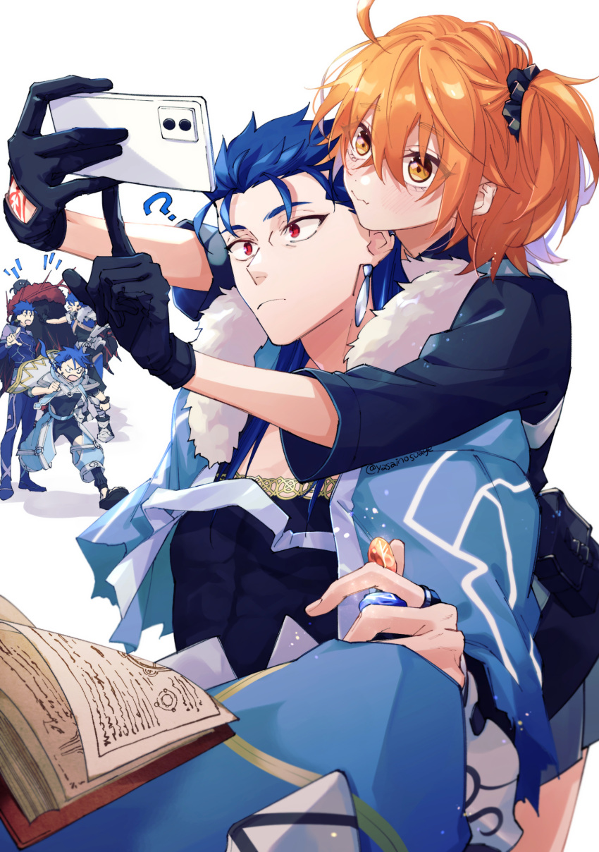 1girl 5boys ? ahoge black_gloves black_scrunchie blue_bodysuit blue_hair bodysuit braid braided_ponytail cape capelet chaldea_uniform clothing_cutout command_spell cu_chulainn_(caster)_(fate) cu_chulainn_(fate) cu_chulainn_(fate/prototype) cu_chulainn_(fate/stay_night) cu_chulainn_alter_(fate) dark_blue_hair earrings fate/grand_order fate_(series) fujimaru_ritsuka_(female) fujimaru_ritsuka_(female)_(polar_chaldea_uniform) fur-trimmed_hood fur_trim gem gloves hair_ornament hair_scrunchie highres holding hood hood_down hooded_capelet jacket jewelry kajijii long_hair multiple_boys no_hood one_side_up open_mouth orange_hair phone ponytail red_eyes scrunchie setanta_(fate) shirt short_hair side_ponytail skirt spiked_hair taking_picture thigh_cutout twitter_username