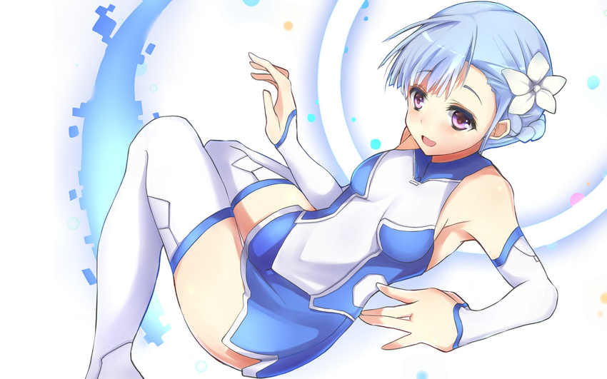 1girl armpits bare_shoulders blue_hair blush bodysuit boots braid detached_sleeves ears female fin_e_ld_si_laffinty flower french_braid hair_flower hair_ornament hand_gesture hands haruyuki_(yukichasoba) highres legs looking_at_viewer open_mouth pink_eyes rinne_no_lagrange short_hair solo thigh_boots thigh_gap thighhighs wallpaper white_legwear yukityasoba