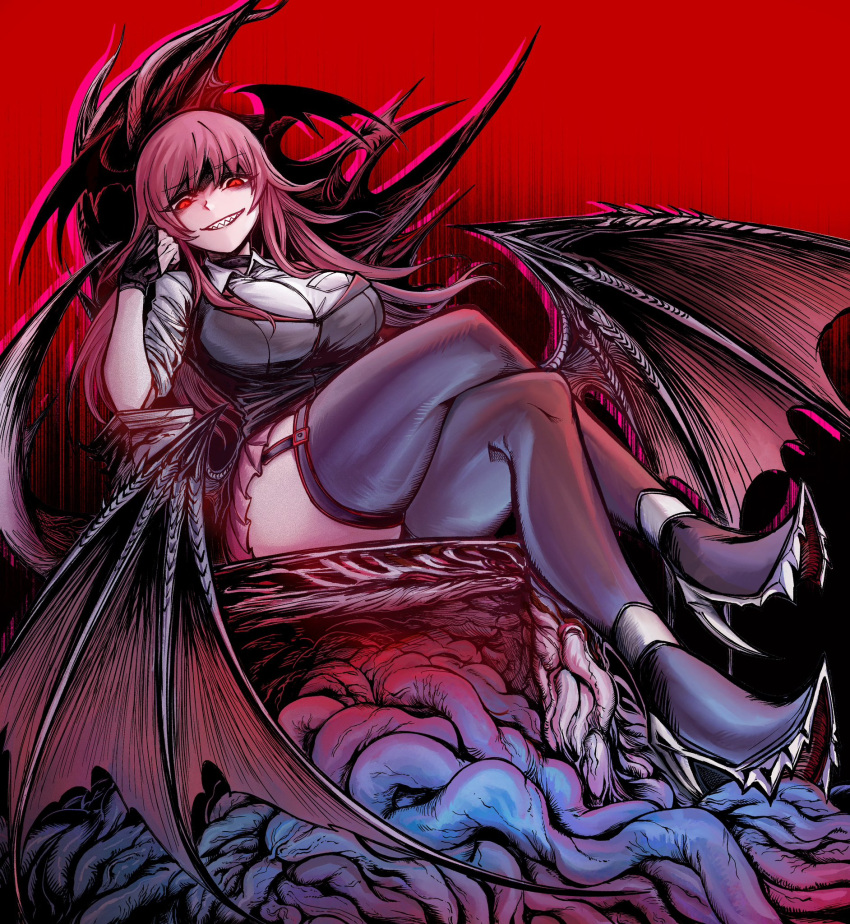 1girl alternate_costume black_background black_choker black_thighhighs black_vest boots chengzilong8 choker collared_shirt crossed_legs dark_persona demon_wings evil_eyes evil_grin evil_smile flesh garter_straps gesugao glowing glowing_eyes grin hand_on_own_cheek hand_on_own_face head_wings high_heel_boots high_heels highres intestines koakuma long_hair looking_at_viewer low_wings miniskirt open_mouth pink_skirt red_background red_eyes red_hair shaded_face sharp_teeth shirt sitting_on_throne skirt sleeves_pushed_up smile solo teeth thighhighs touhou two-tone_background vest white_shirt wings