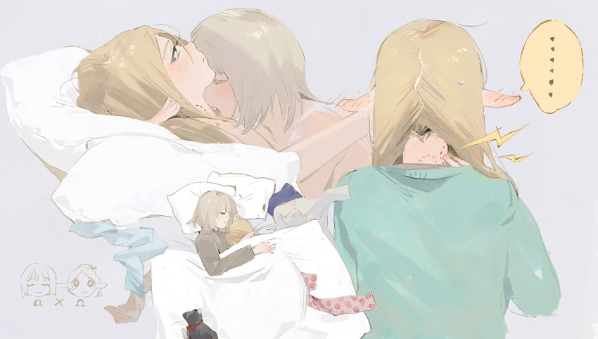 ... 2girls bite_mark bite_mark_on_neck biting blonde_hair blue_shirt blush cat closed_mouth commentary_request cuddling dungeon_meshi ear_blush elf falin_touden falin_touden_(tallman) grey_background grey_hair grey_shirt highres le_(szs0k) long_hair lying marcille_donato medium_hair multiple_girls neck_biting nude omegaverse on_back on_bed open_mouth pants pillow pointy_ears shirt simple_background smile spoken_ellipsis tearing_up tears unworn_pants unworn_shirt yuri