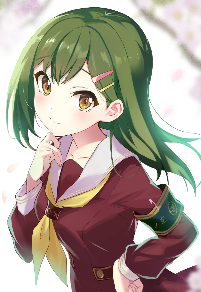 1girl absurdres armband blush breasts brown_dress brown_eyes closed_mouth collarbone commentary_request dress floating_hair green_armband green_hair hair_ornament hairclip hand_on_own_chin hand_on_own_hip hasu_no_sora_school_uniform highres link!_like!_love_live! long_hair long_sleeves looking_at_viewer love_live! medium_breasts neckerchief oogami_sachi rassie_s safety_pin sailor_collar sailor_dress school_uniform smile solo split_mouth straight_hair swept_bangs upper_body white_sailor_collar winter_uniform yellow_neckerchief
