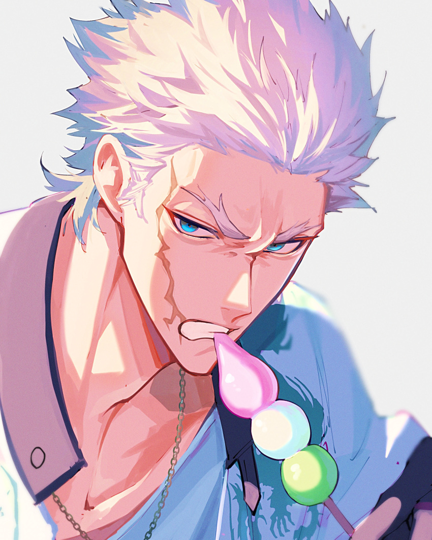1boy absurdres blue_eyes chain_necklace collarbone collared_shirt dango dragon_print eating fate/grand_order fate_(series) food hair_slicked_back haruakira highres holding jacket jewelry male_focus nagakura_shinpachi_(fate) necklace scar scar_on_cheek scar_on_face shirt short_hair upper_body wagashi white_hair white_jacket