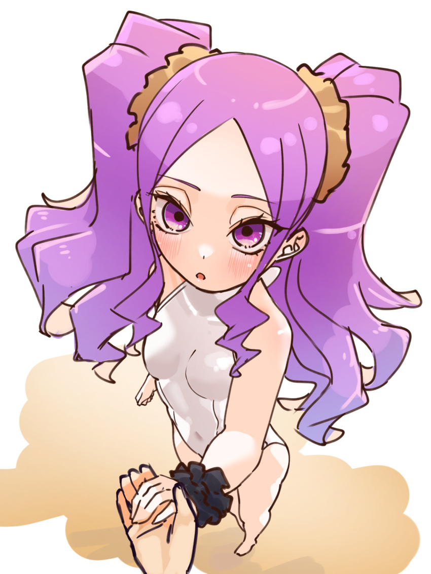 1girl bare_shoulders blush breasts fate/grand_order fate_(series) forehead hair_ornament hair_scrunchie highres holding_hands long_hair looking_at_viewer niwaikanai one-piece_swimsuit open_mouth parted_bangs purple_eyes purple_hair scrunchie sidelocks small_breasts solo_focus swimsuit twintails white_one-piece_swimsuit wu_zetian_(fate) yellow_scrunchie