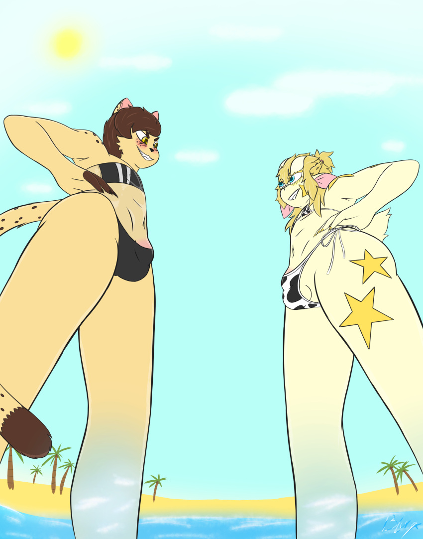 absurd_res andromorph anthro beach bikini bikini_bottom bikini_top blury blury(fursona) blush bovid bulge bulge_size_difference caprine clothing duo felid feline goat hi_res humanoid intersex male male/male mammal smiling_at_partner swimwear