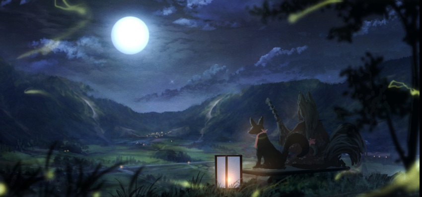 1other animal animal_ears field full_body full_moon highres lantern long_hair moon mountain mountainous_horizon night night_sky original outdoors scenery sitting sky soraciel tail