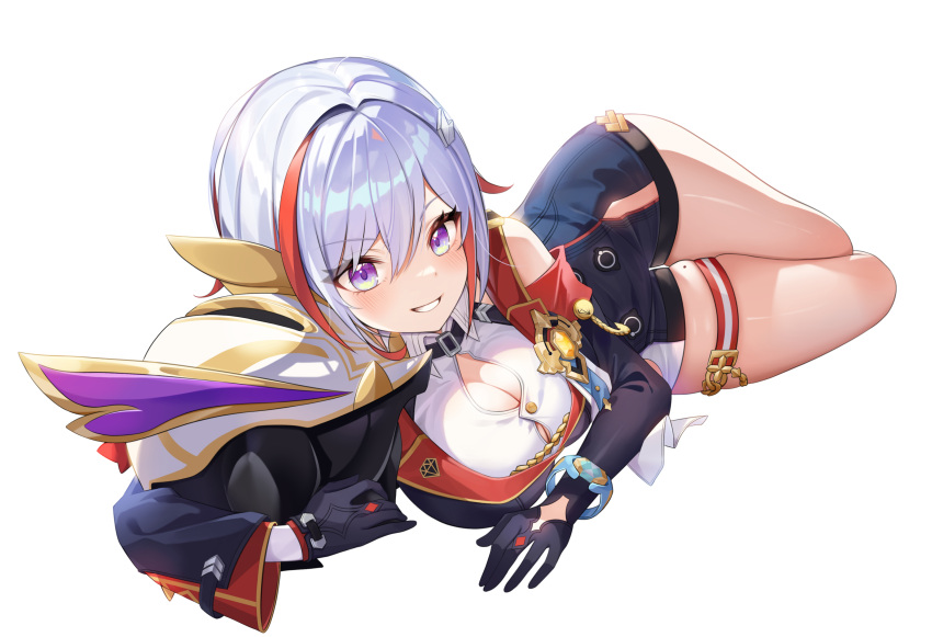 1girl blush breasts cleavage cleavage_cutout clothing_cutout detached_sleeves full_body hair_between_eyes highres honkai:_star_rail honkai_(series) large_breasts looking_at_viewer lying medium_hair mole mole_on_thigh multicolored_hair numby_(honkai:_star_rail) on_side purple_eyes red_hair romi_(9_romi_7) simple_background skindentation smile streaked_hair thigh_strap thighs topaz_(honkai:_star_rail) trotter_(honkai:_star_rail) white_background white_hair